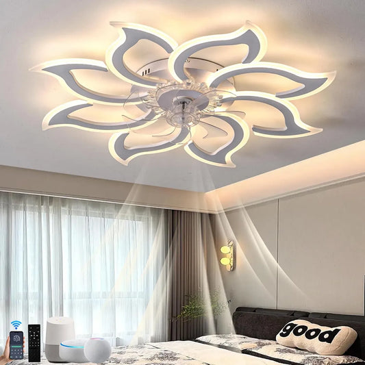 Google 6-Gang Ventilator, 94cm, Wohnzimmergestaltung, leise, Google Assistant, Alexa und Siri, Weiß, 94cm Moderner Led BlumenfäCher Lampe und Leise