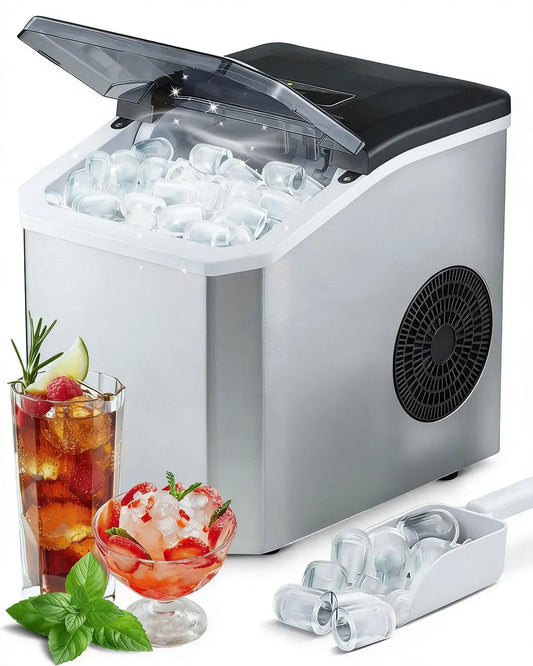 Eiswürfelmaschine, 1,5 L, tragbar, 15 kg in 24 Stunden Eismaschine für Zuhause, 9 Würfel in 6 Minuten, tragbar für Bar, 2 Kugelgrößen