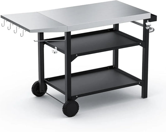 Elektrischer Pizzaofen, 120cm, onlyfire 3-Etagen, Outdoor, Transportrollen, Grill, Edelstahl, Grillwagen 120cm mit Edelstahl Arbeitsplatte