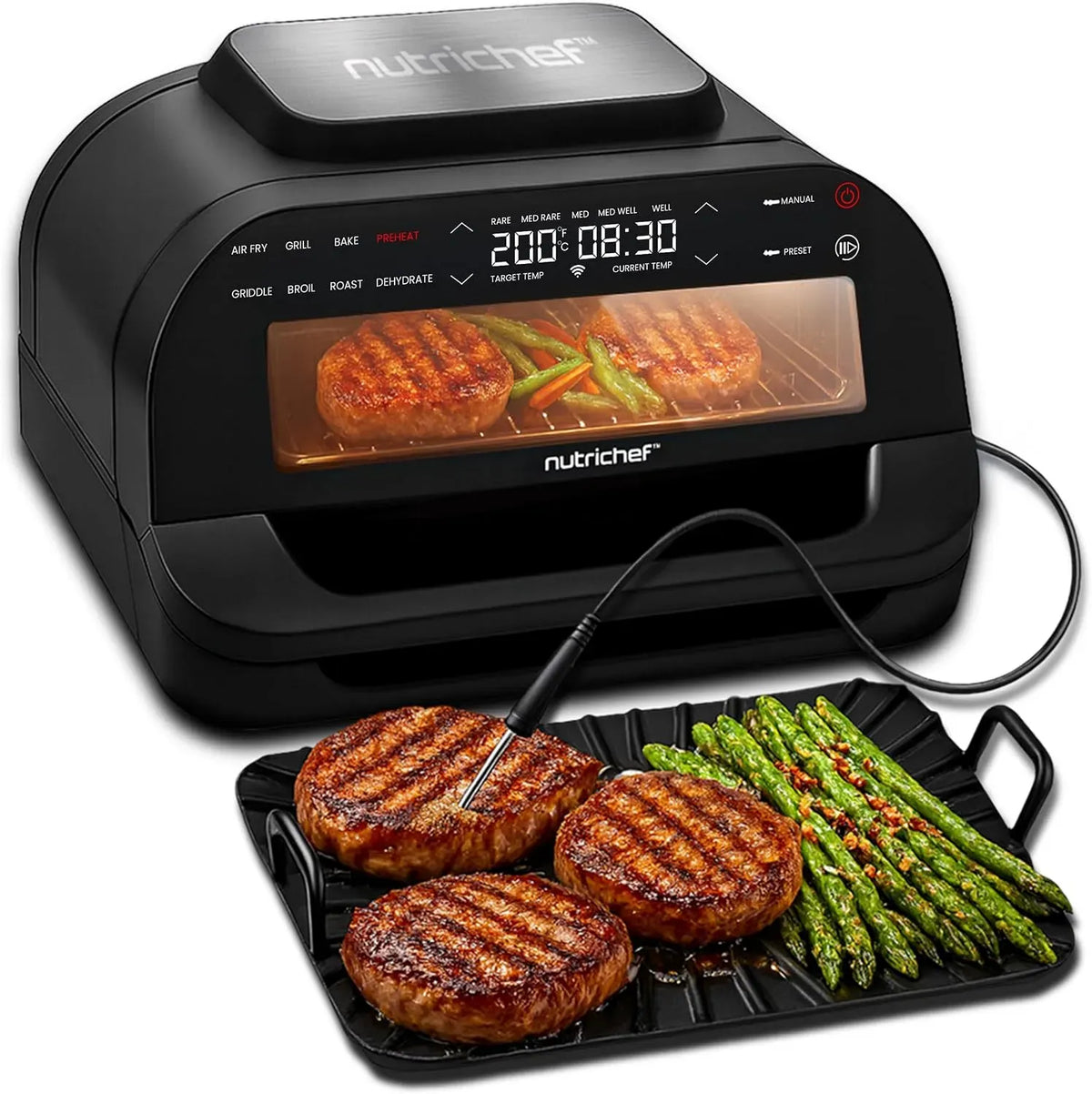 Heißluftfritteuse, Grill, Rauchfreier Tischgrill mit Smart-Thermometer