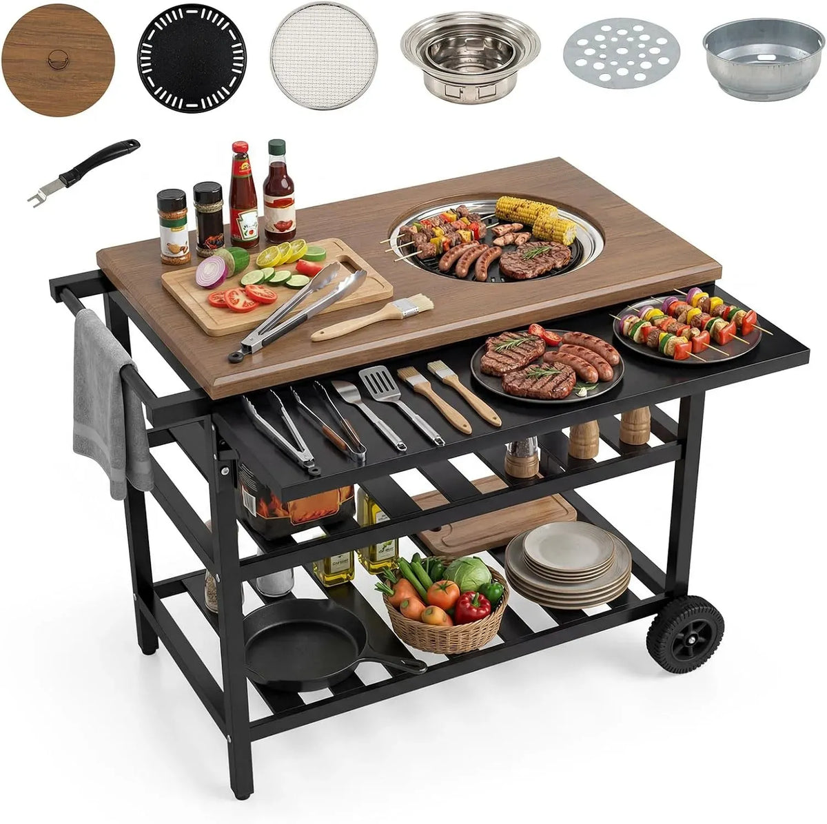 Braun Holzkohlegrill, Servierwagen, Seitentisch, Grillwagen, Grilltisch, Outdoor-Arbeitstisch für Grill, 94,5x75x78,5 cm, Transportrollen, 2 Ablagen
