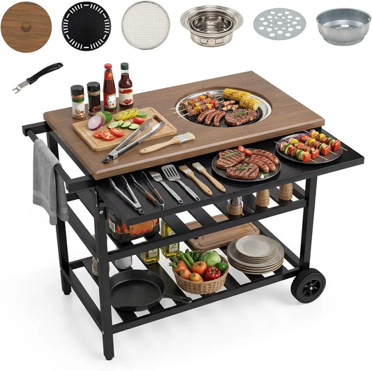 Braun Holzkohlegrill, Servierwagen, Seitentisch, Grillwagen, Grilltisch, Outdoor-Arbeitstisch für Grill, 94,5x75x78,5 cm, Transportrollen, 2 Ablagen