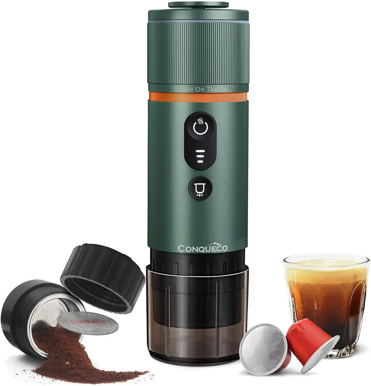 Espressomaschine, 12 V, CONQUECO, tragbar, Camping, 2 in 1 für gemahlenen kaffee und NS
