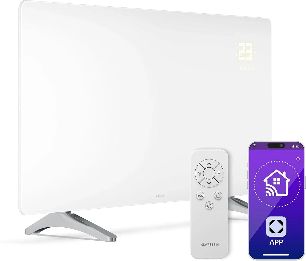 Klarstein Infrarotheizung, Wandheizung, Standgerät, 720 W, App, Thermostat, Wohnzimmergestaltung, Wärmefunktion, Stand- und Wandmontage, Weiß, Glas