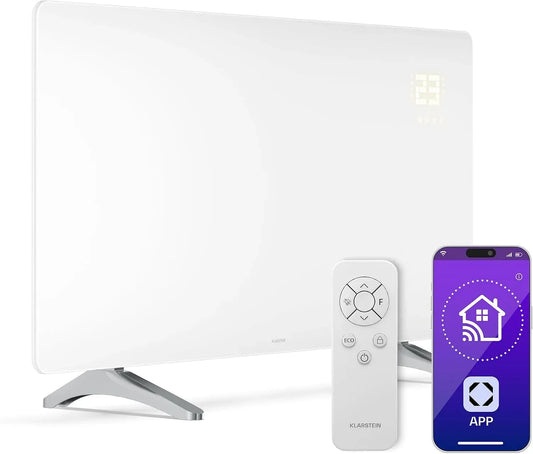 Klarstein Infrarotheizung, Wandheizung, Standgerät, 720 W, App, Thermostat, Wohnzimmergestaltung, Wärmefunktion, Stand- und Wandmontage, Weiß, Glas