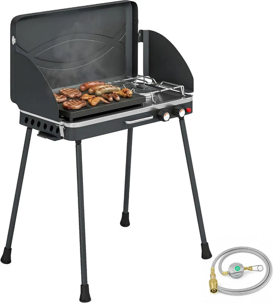 2-in-1 Tischgrill, Gasgrill, elektrischer Tischgrill, Grill mit Gasbetrieb, 7 kW, tragbar