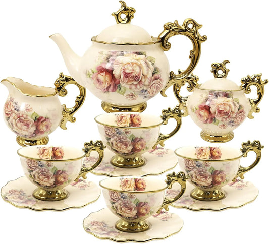 Vintage China Kaffee Set, fanquare 15 Stück Rose Blumen Englische Keramik Tee Sets, Tee Service für Erwachsene
