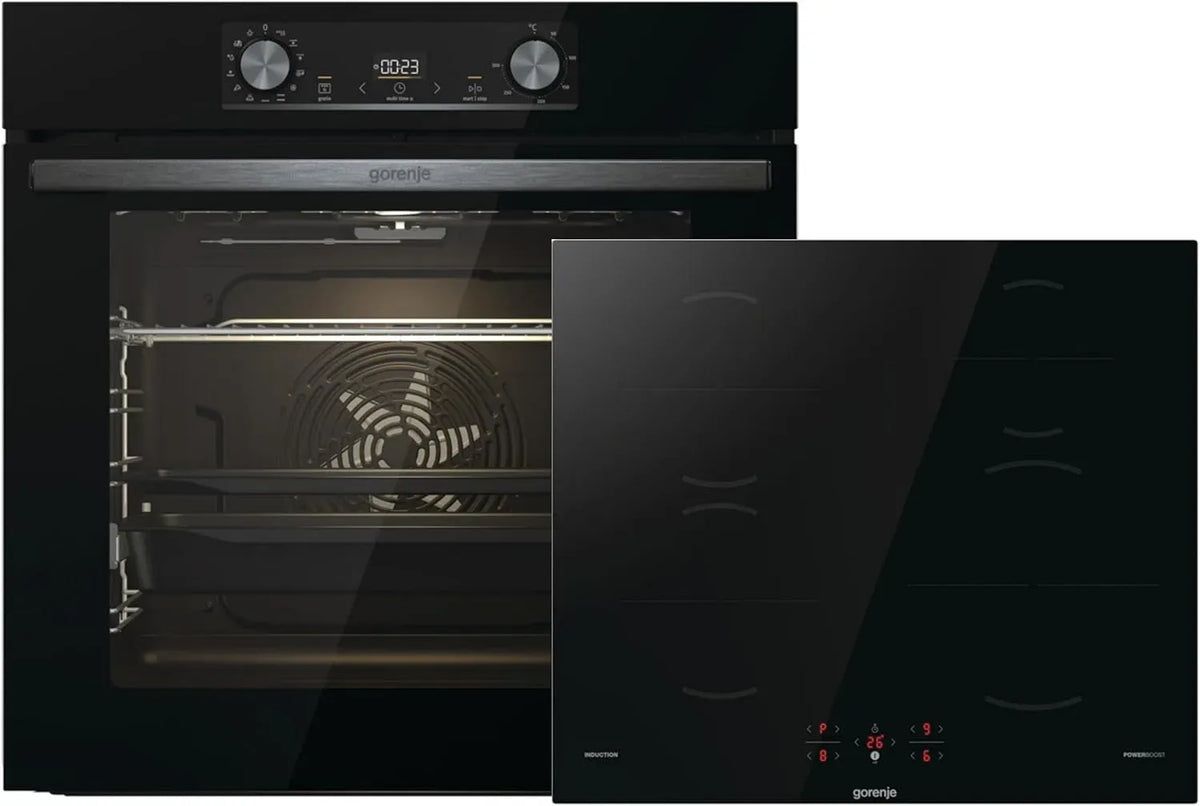 Gorenje GI6401BSC BOS6737E06BG Elektrischer Pizzaofen, 77 L, Einbau, autark, Grill, Schwarz, PizzaMode 300°C, Black Induction Set 2, ExtraSteam
